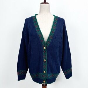 VTG Cape Code Sportswear Sweater Womens M Blue Cable Knit Cardigan Fisherman USA